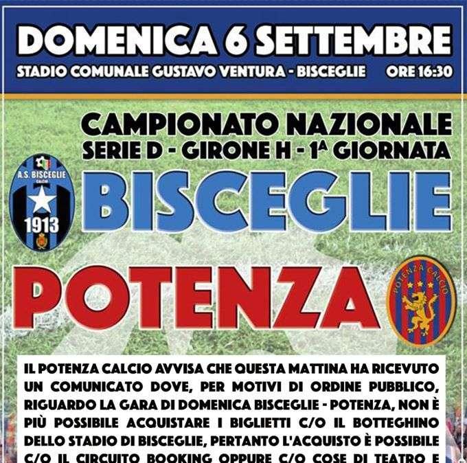 Bisceglie-Potenza: le news sui biglietti.