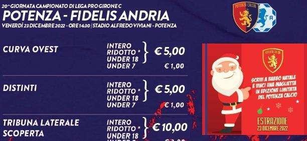 Potenza-Fidelis Andria, al via la prevendita: ingressi a partire da 5 euro