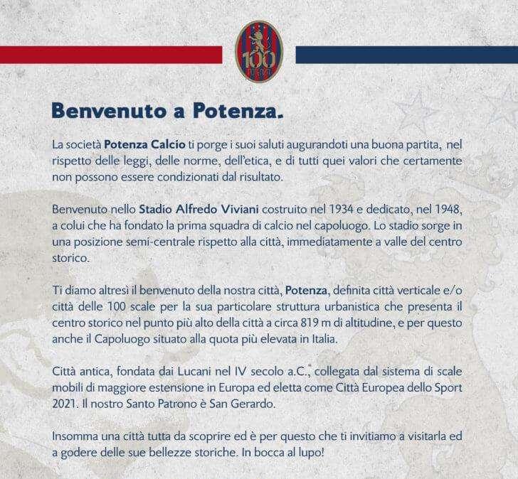 IN UNA PERGAMENA IL MESSAGGIO DI BENVENUTO DEL POTENZA AGLI AVVERSARI DI TURNO.