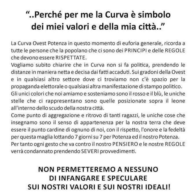 La politica fuori dalla Curva: il comunicato della Ovest!