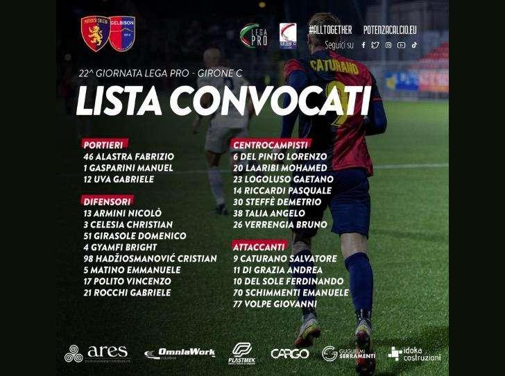 Potenza - Gelbison Cilento, i convocati di mister Raffaele