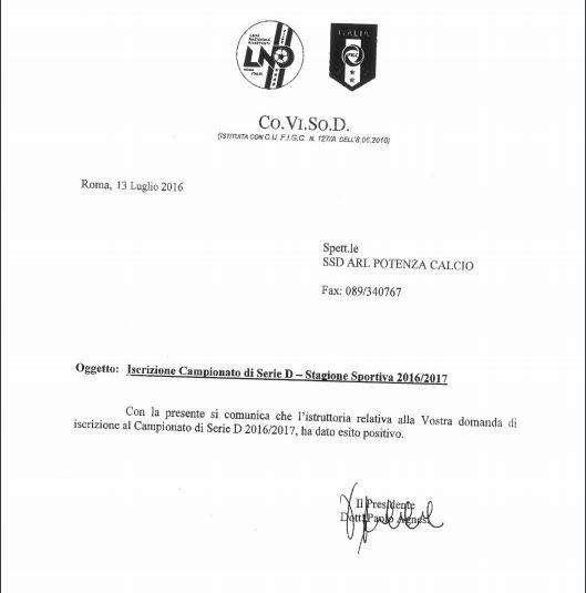 Iscrizione Potenza: arriva anche l'ok della Co.Vi.So.D...
