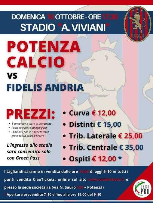Potenza - Andria, parte la prevendita dei biglietti per il match di Domenica