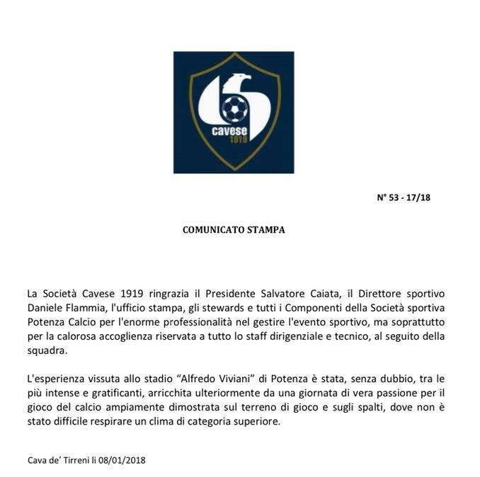 La Cavese ringrazia il Potenza...