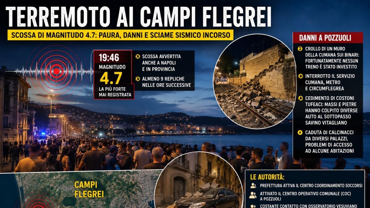 Terremoto ai Campi Flegrei, scossa di magnitudo 4.7: paura, danni e sciame sismico ancora in corso