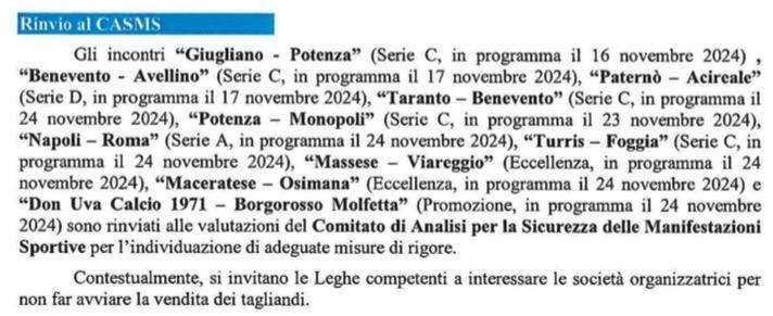 Bloccata la vendita dei biglietti per le partite Giugliano-Potenza e Potenza-Monopoli