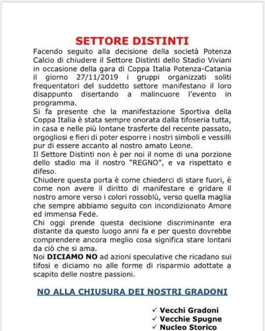 Alcuni gruppi organizzati di tifosi del Potenza domani non entreranno allo stadio, ecco perchè.