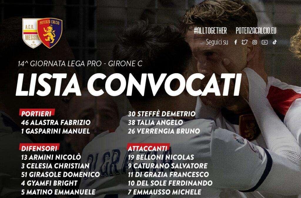 Potenza, ecco i convocati di mister Raffaele in vista della sfida di Messina