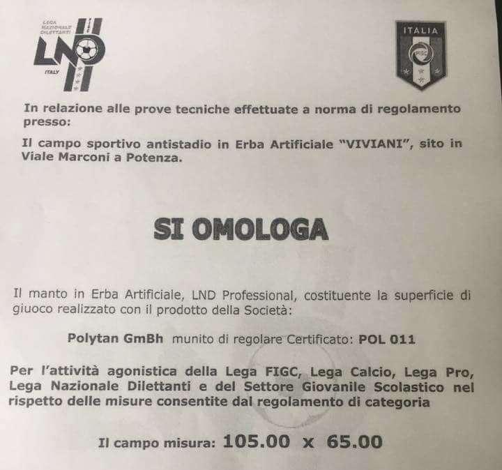 Potenza, Iscrizione serie C: Omologazione dimensioni rettangolo di gioco ok...