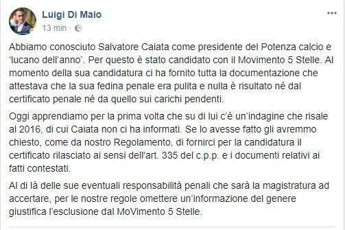 Il M5S esclude Caiata...