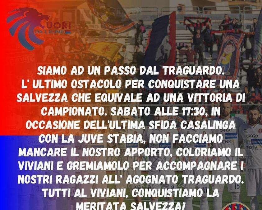 Potenza, i "Cuori Da Leone" invitano tutti i tifosi rosso-blù a riempire il "Viviani" sabato