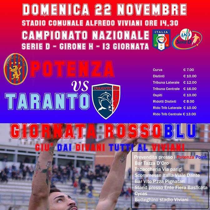 Potenza-Taranto "giornata rossoblu": ecco i prezzi dei tagliandi.