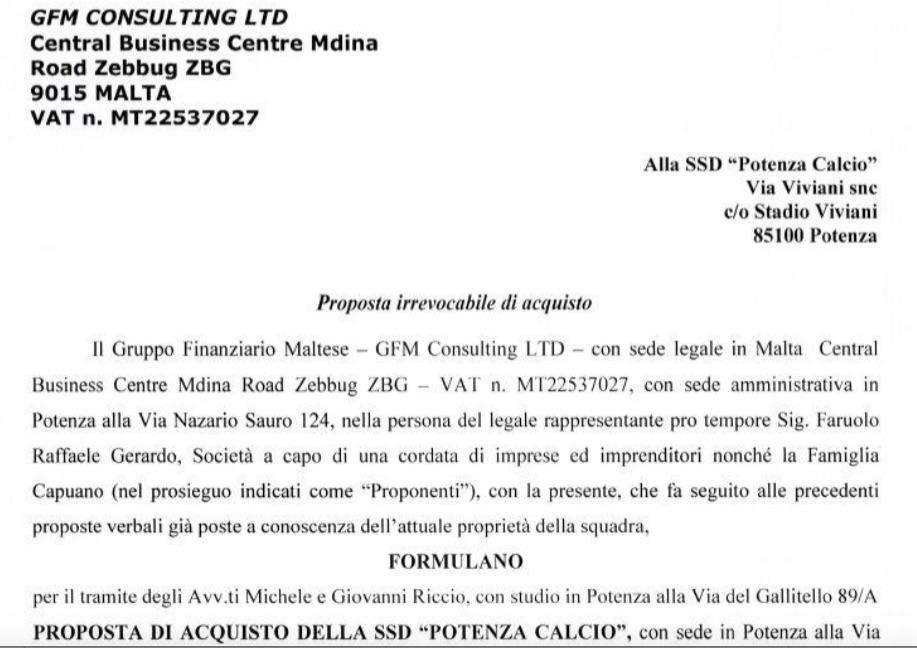 ESCLUSIVA: Ecco l'offerta di acquisto per il 100% del Potenza...