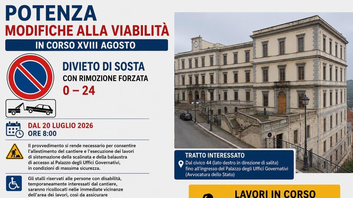 Potenza, lavori al Palazzo degli Uffici Governativi: dal 20 luglio divieto di sosta in Corso XVIII Agosto