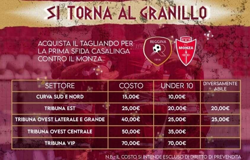 Reggina-Monza, al via prevendita libera: tutti i dettagli