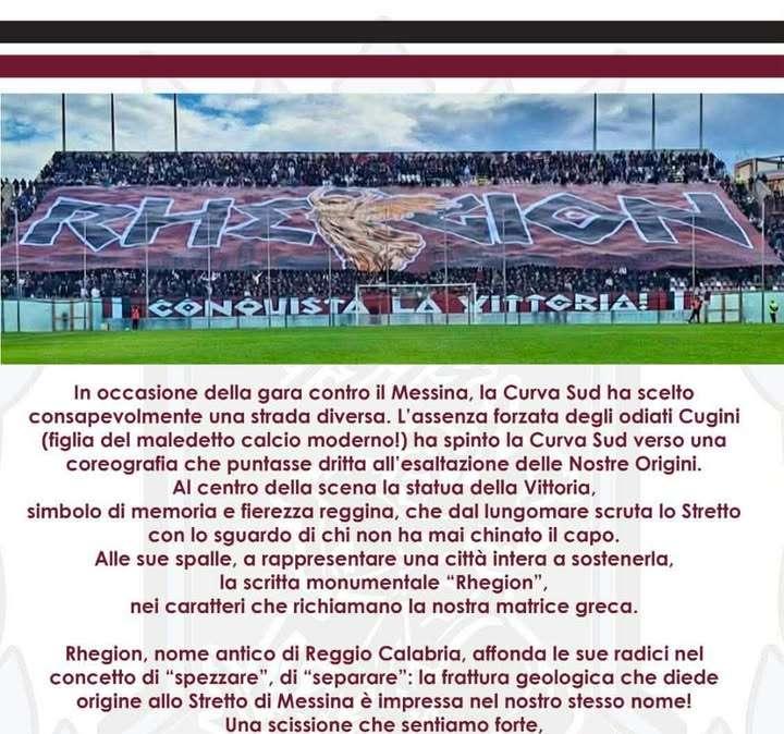 La Curva Sud spiega la coreografia: "Nessun coro contro i messinesi, abbiamo richiamato le nostre radici"