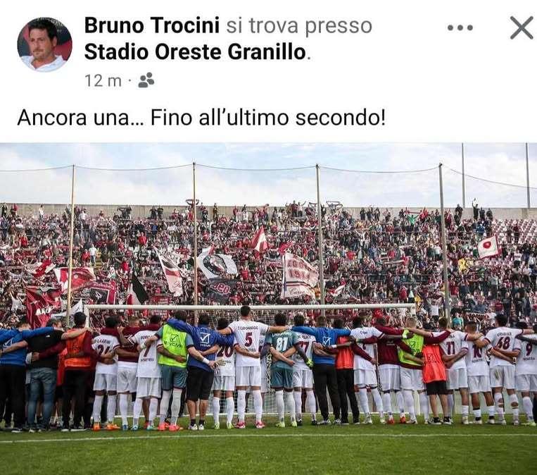 Reggina, Trocini sui social: "Ancora una...Fino all'ultimo secondo!"