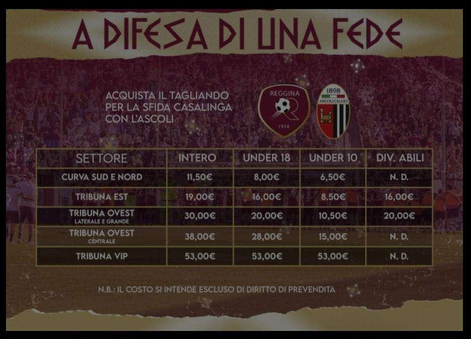 Reggina-Ascoli, tutti i dettagli relativi alla prevendita