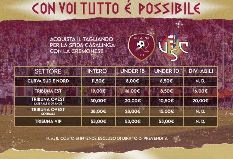 Reggina-Cremonese, al via la prevendita: tutte le info