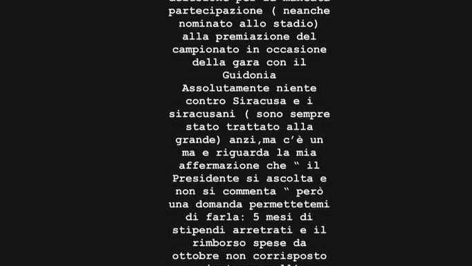 Zenga al pres. del Siracusa: "Cinque mesi di stipendi arretrati e il rimborso spese non corrisposto da ottobre"