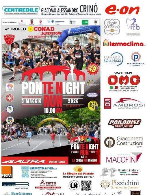 In Umbria il 3 maggio la grande vetrina della "Ponte Night Run": si correrà a Ponte San Giovanni (PG)
