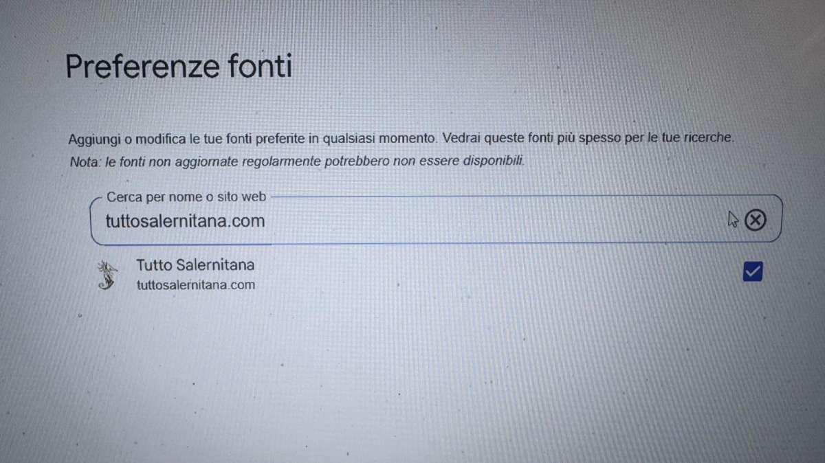 Google "Fonti preferite", aggiungi subito TuttoSalernitana e personalizza le tue notizie