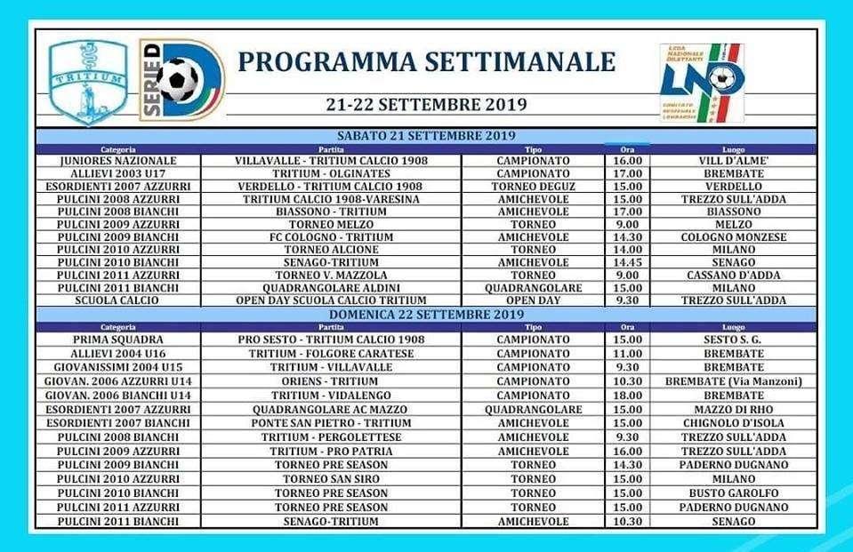 Giovanili Tritium, il programma degli impegni del 21 e 22 settembre 2019