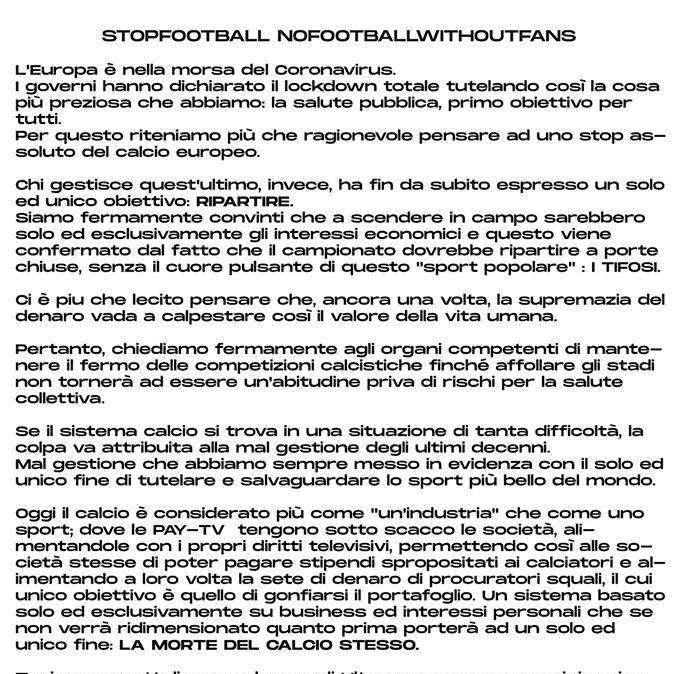 Gli ultras contro la ripartenza: "In campo solo per interessi economici"