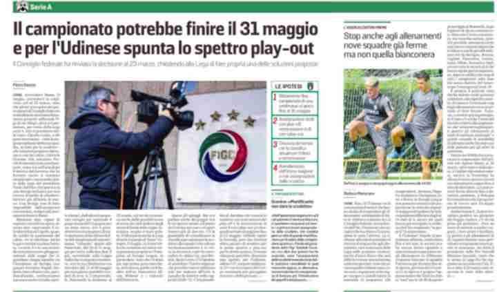 Messaggero Veneto: "Il campionato potrebbe finire il 31 maggio. E per l'Udinese spunta lo spettro play out"