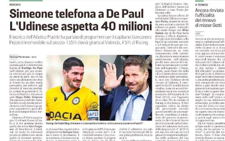 Messaggero Veneto: "Simeone telefona a De Paul. L'Udinese aspetta 40 milioni"