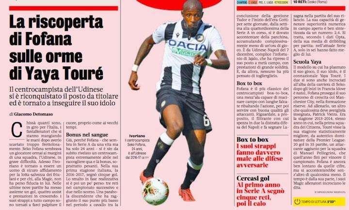 Gazzetta dello sport: "La riscoperta di Fofana sulle orme di Yaya Tourè"