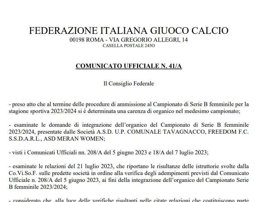 Il Tavagnacco riparte dalla Serie B; ufficiale il ripescaggio