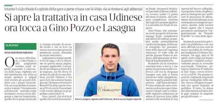 Messaggero Veneto: "Stipendi ai calciatori, si apre la trattativa in casa Udinese. Ora tocca a Gino Pozzo e Lasagna"