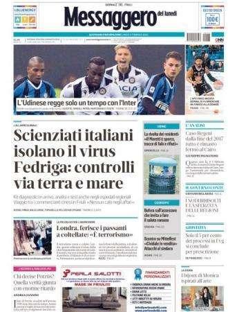 Il Messaggero Veneto: "L'Udinese regge solo un tempo con l'Inter"