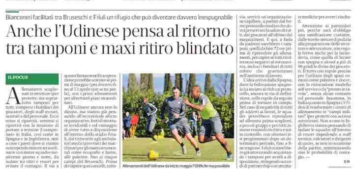 Messaggero Veneto: "Anche l'Udinese pensa al ritorno tra tamponi e maxi ritiro blindato"