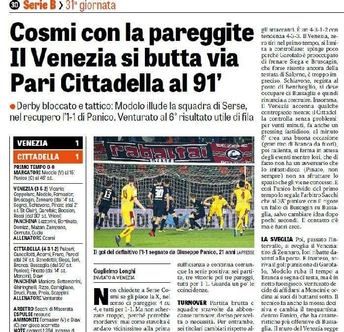 La Gazzetta dello Sport: "Cosmi con la pareggite e il Venezia si butta via"