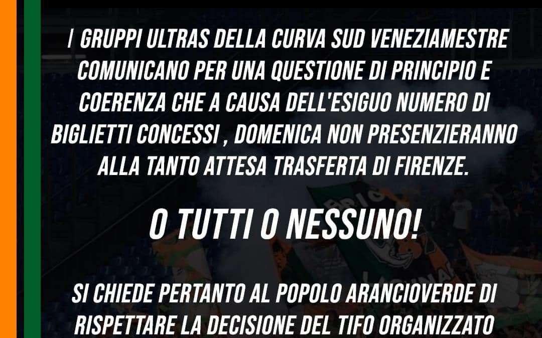 Fiorentina-Venezia, pochi biglietti a disposizione: i gruppi della Sud non parteciperanno alla trasferta