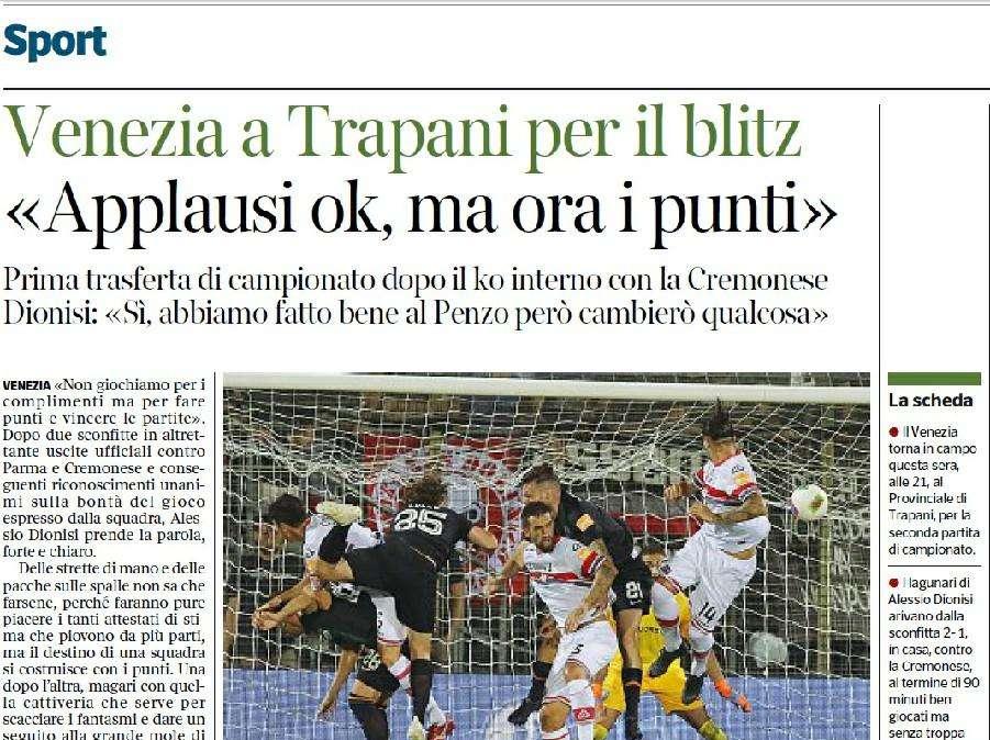 Corriere del Veneto: "Venezia a Trapani per il blitz"