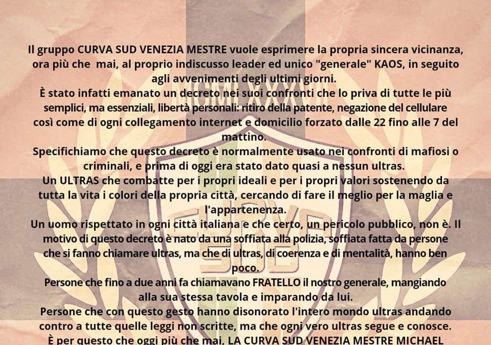 La Curva Sud VeneziaMestre prende posizione dopo la sentenza per il generale Kaos
