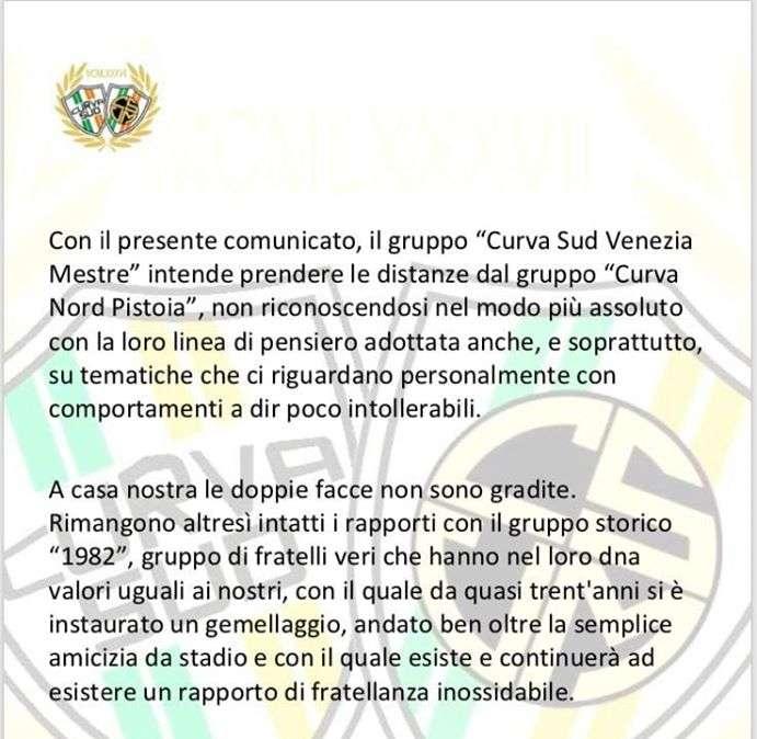 Il gruppo Curva Sud Veneziamestre annuncia una frattura nel gemellaggio con Pistoia
