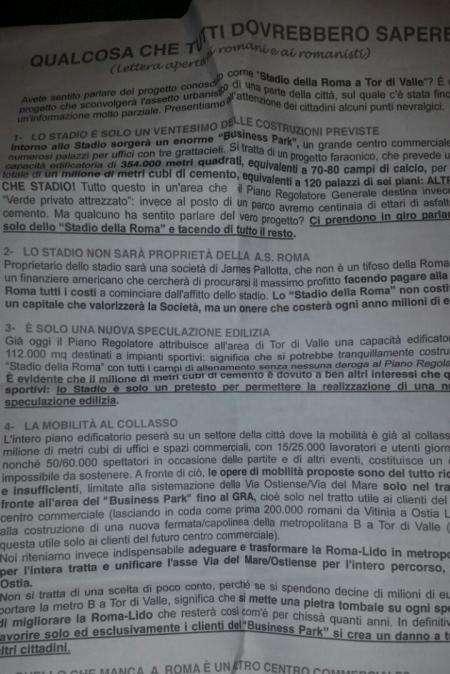 Volantini contro il nuovo stadio: "Difendiamo Tor di Valle dal cemento". FOTO!