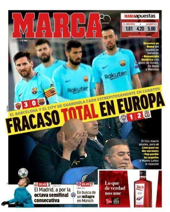 Marca - "La peggiore figura del Barcellona nella storia della Champions"