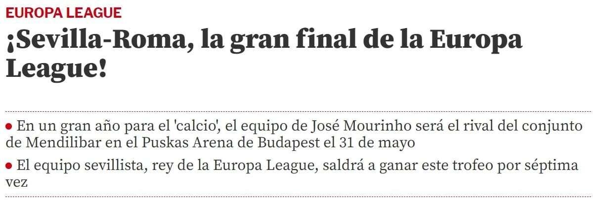 Mundo Deportivo titola così: "Siviglia-Roma, la gran finale di la Europa League!". FOTO!