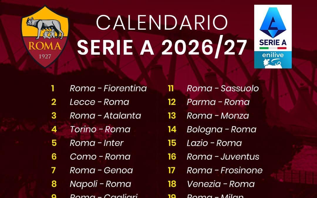 Serie A - Il calendario della stagione 2026/2027: Roma-Fiorentina alla 1ª. Lazio-Roma alla 15ª giornata e Roma-Lazio alla 32ª