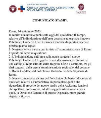 Policlinico Umberto I: "Nessuna lettera inviata dalla DG dell'ospedale a Roma Capitale. Non è nostra competenza discutere le questioni relative al nuovo stadio della Roma"
